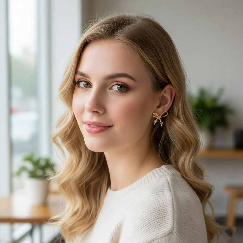 Ατσάλινα Σκουλαρίκια Φιόγκος με Πέτρες Stainless Steel Bow Earrings with Stones Χρυσό