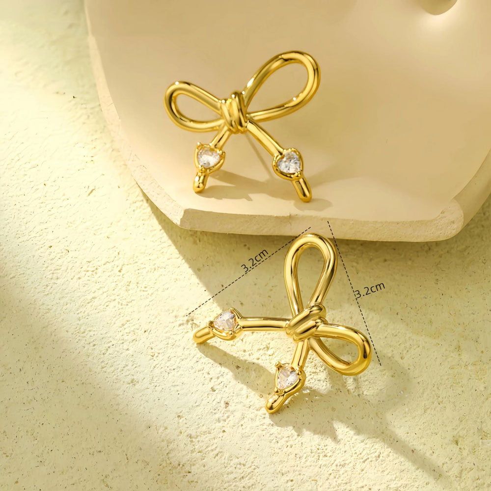 Ατσάλινα Σκουλαρίκια Φιόγκος με Πέτρες Stainless Steel Bow Earrings with Stones Χρυσό