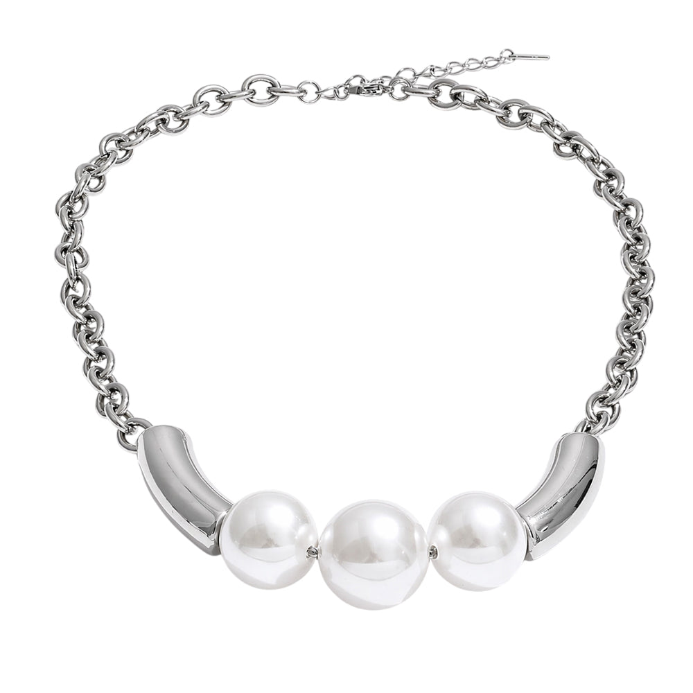 Κολιέ με 3 Μεγάλες Πέρλες από Ατσάλι Ασημί Χρώμα