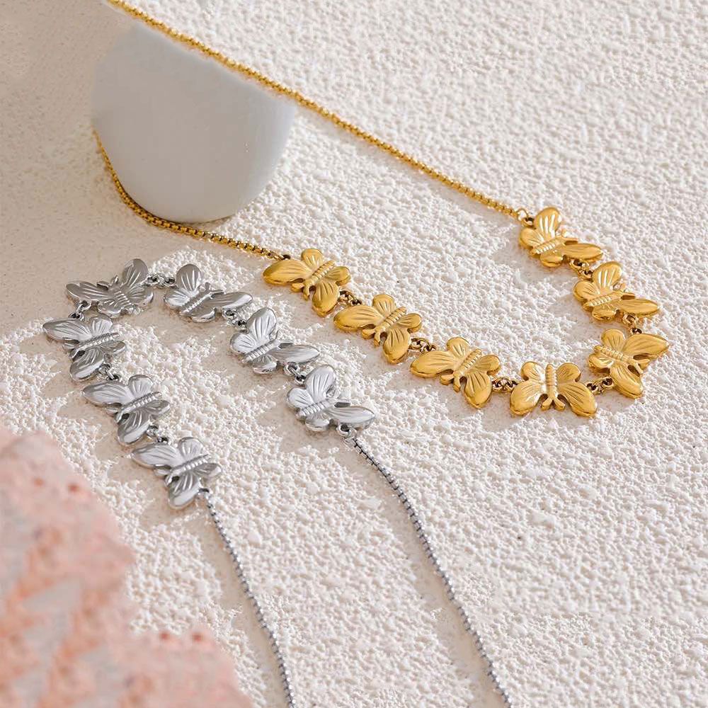 Ατσάλινο Κολιέ Με Πεταλούδες Χρυσό
