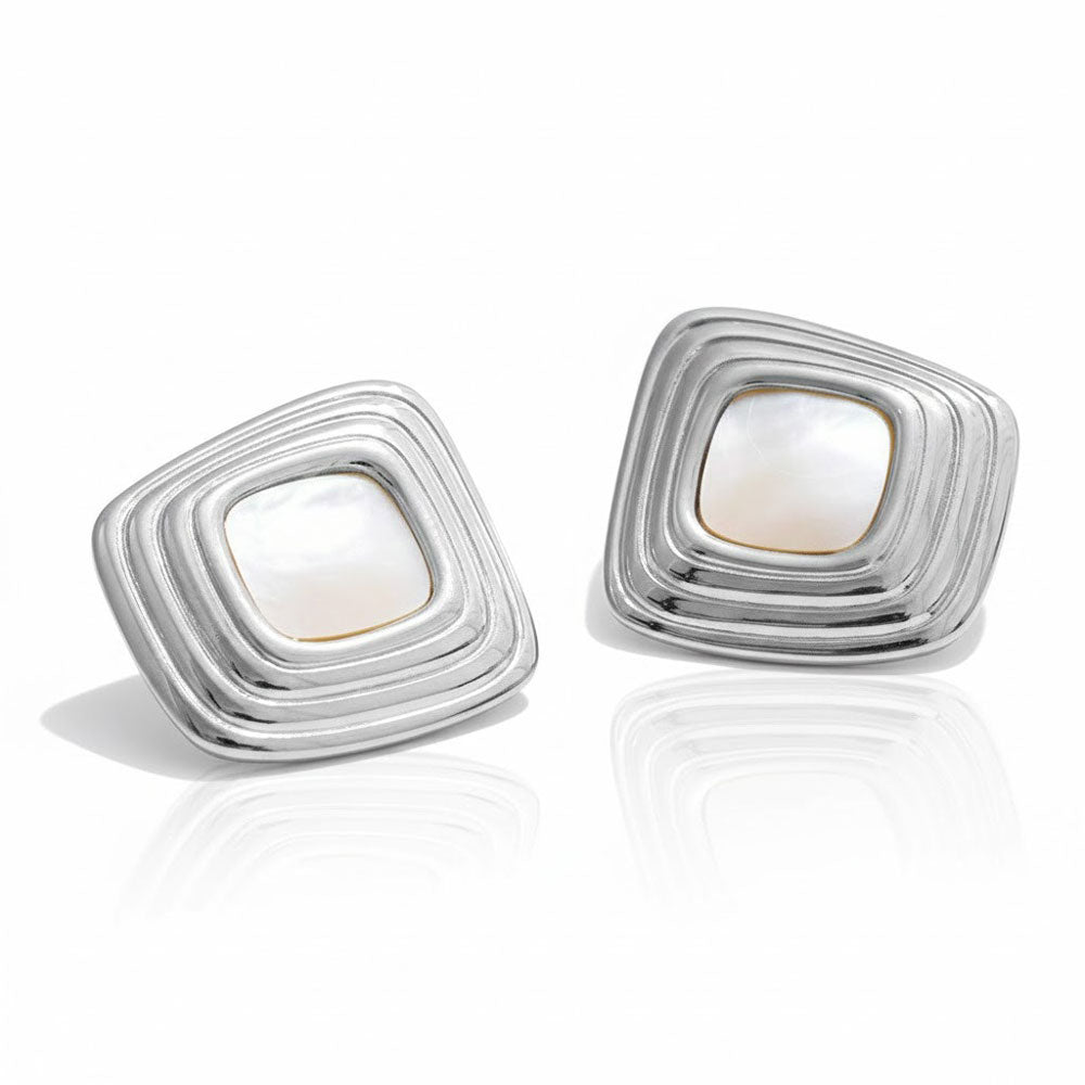 Ατσάλινα Καρφωτά Γεωμετρικά Σκουλαρίκια με Φυσικό Φίλντισι Ασημί