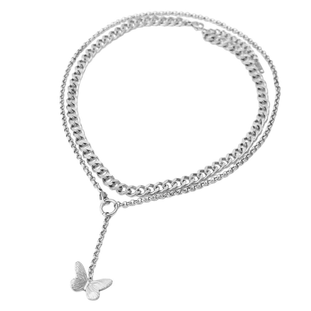 Ατσάλινο Κολιέ Με Πεταλούδα Ασημί