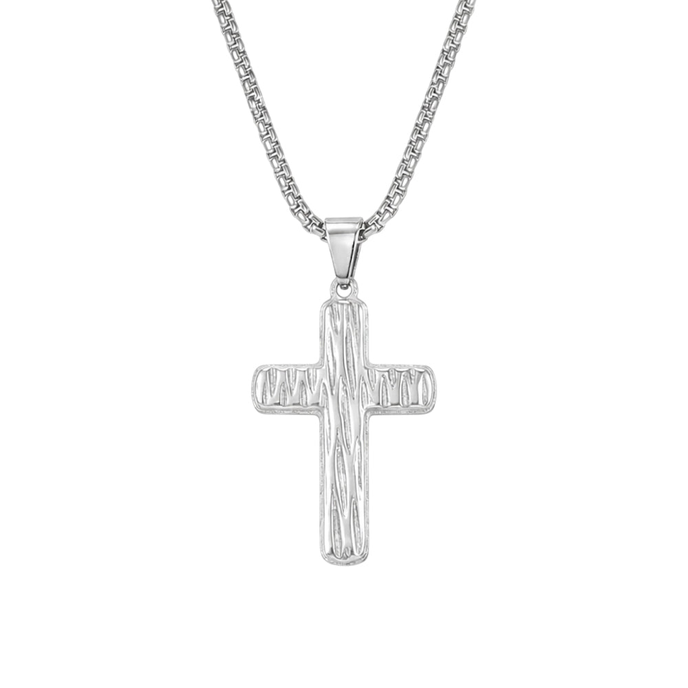 Κολιέ με Ατσάλινη Αλυσίδα Box και Σταυρό με Ανάγλυφη Υφή Ξύλου Ασημί Χρώμα