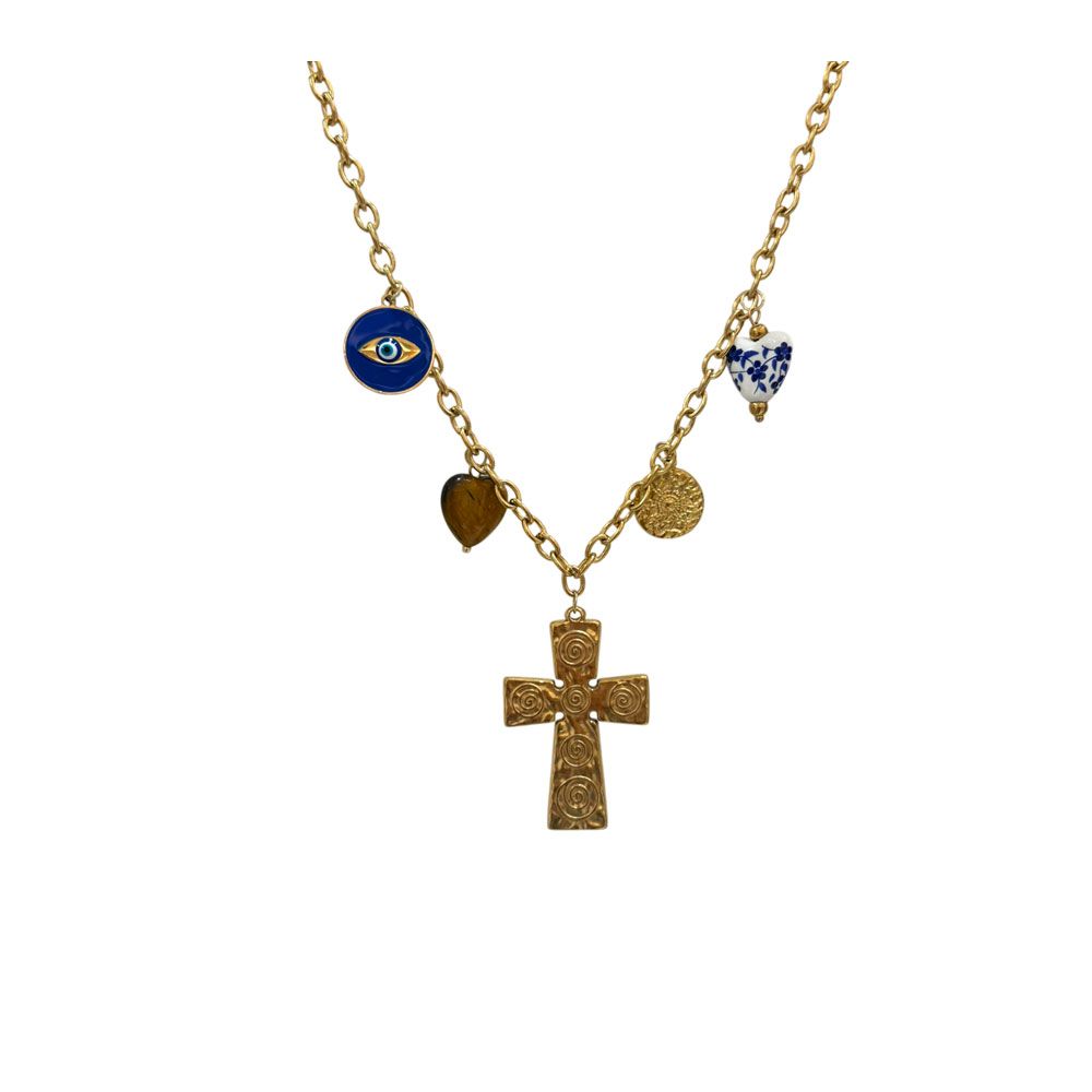 Ατσάλινο κολιέ με σταυρό και charms Stainless steel necklace with cross and charms