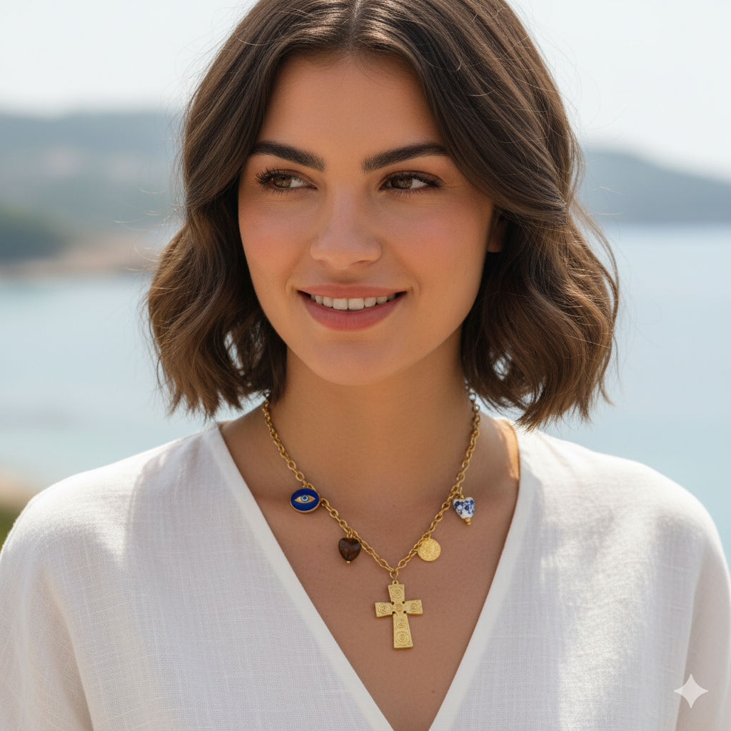 Ατσάλινο κολιέ με σταυρό και charms Stainless steel necklace with cross and charms
