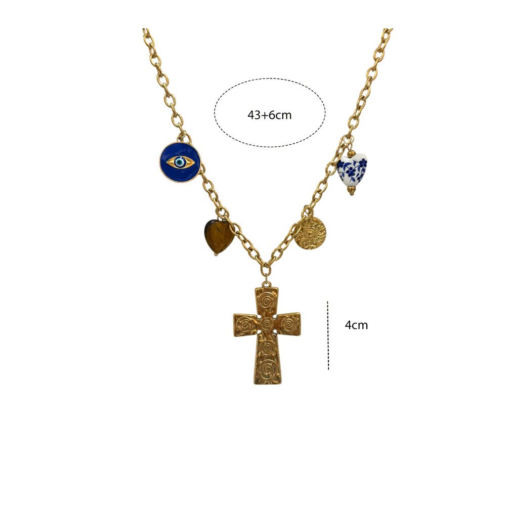 Ατσάλινο κολιέ με σταυρό και charms Stainless steel necklace with cross and charms