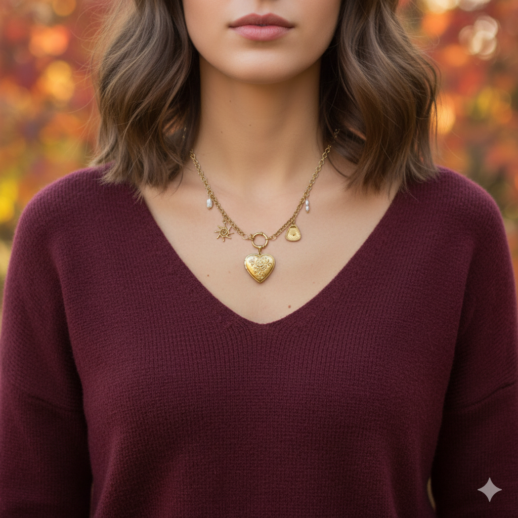 Ατσάλινο κολιέ με καρδιά που ανοίγει και charms Stainless steel necklace with locket heart and charms