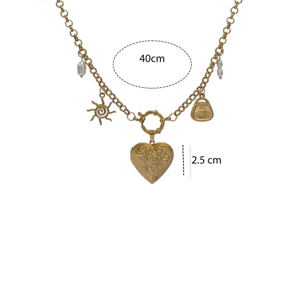 Ατσάλινο κολιέ με καρδιά που ανοίγει και charms Stainless steel necklace with locket heart and charms