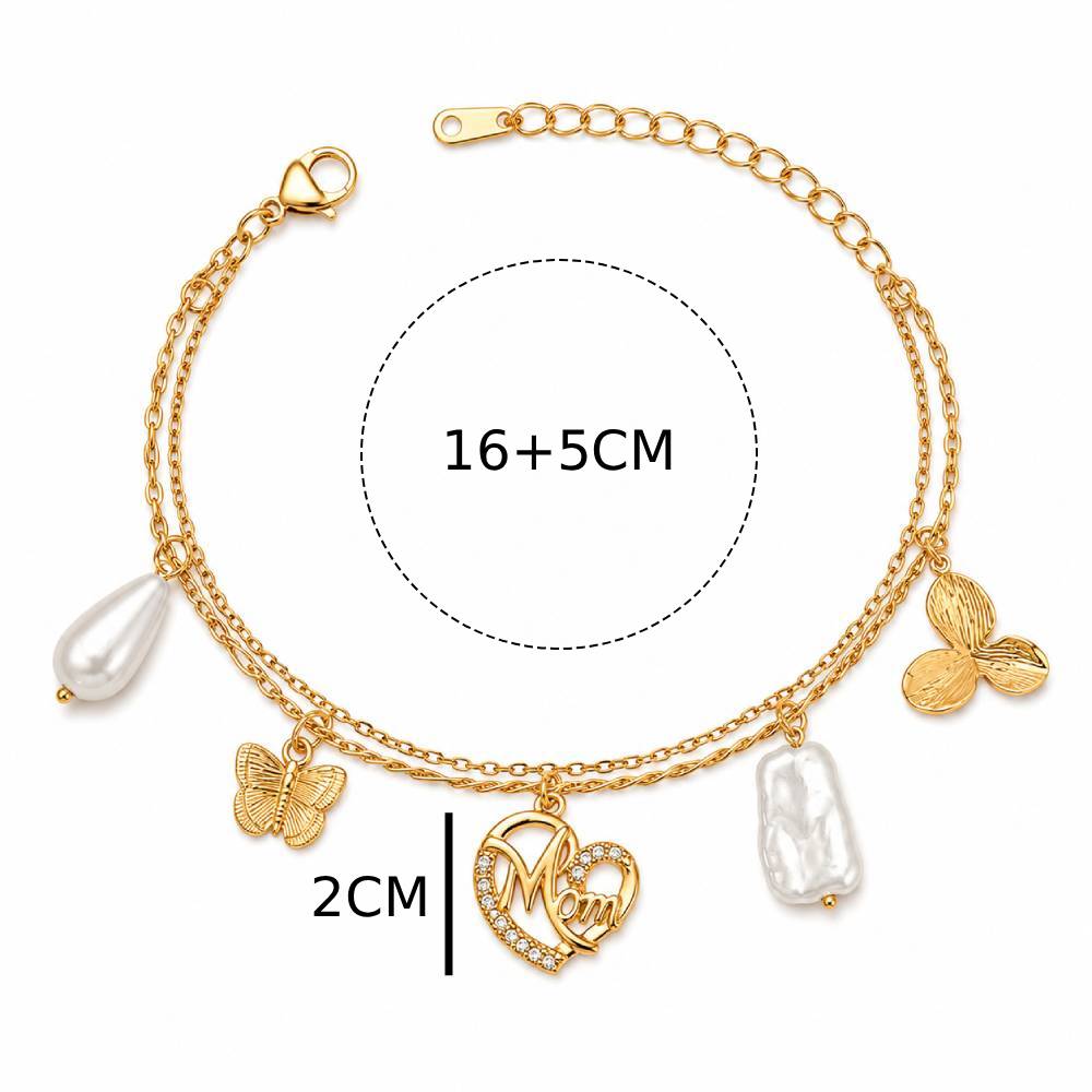 Γυναικείο Διπλό Βραχιόλι “Mom” με Πέρλες και Charm Πεταλούδας σε Χρυσό Χρώμα