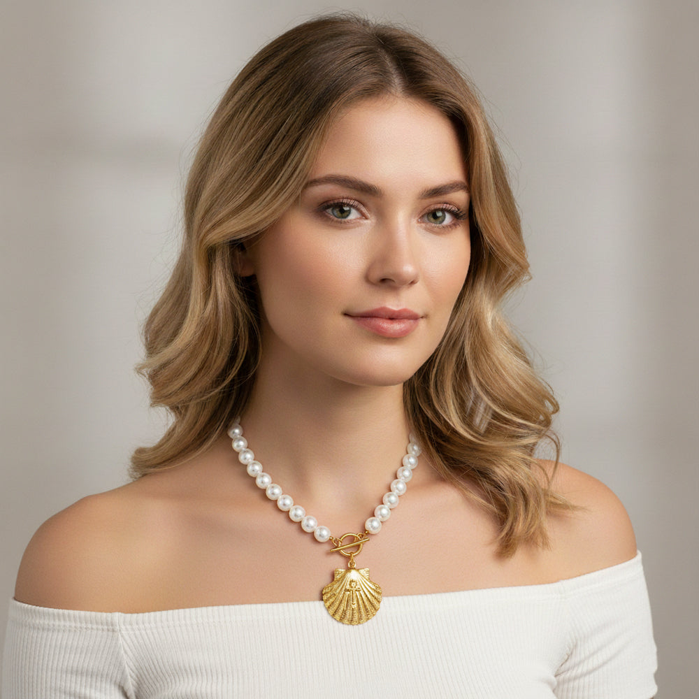 Choker από Ατσάλι με Πέρλες &amp; Κρεμαστό Κοχύλι Χρυσό