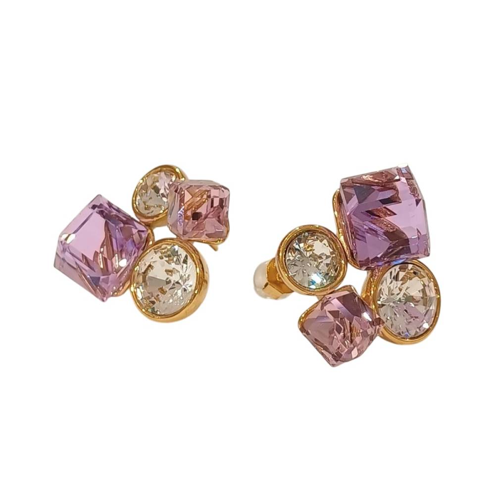 Γυναικείο Σκουλαρίκι με Ροζ και Διάφανα Κρύσταλλα Χρυσό Χρώμα