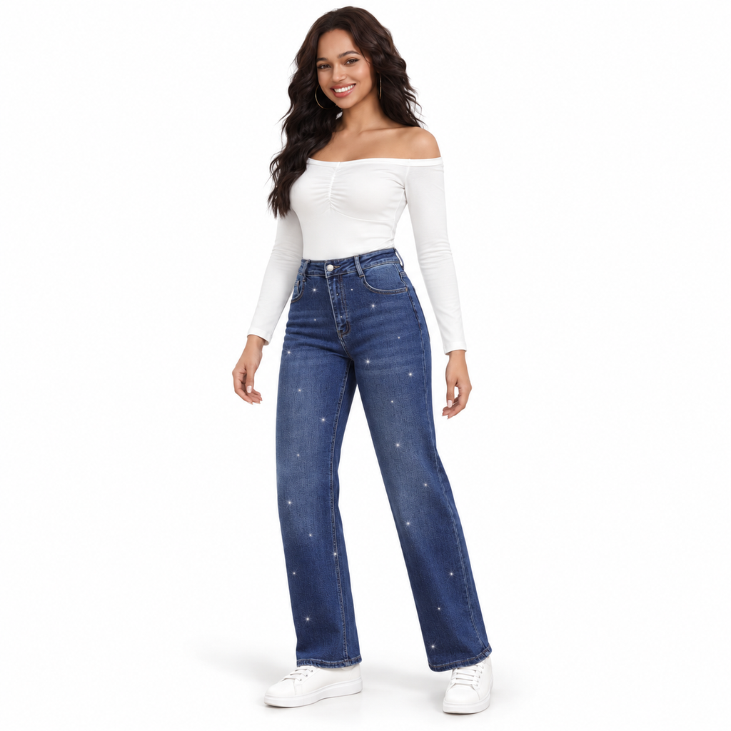 Miss Good Γυναικείο Τζιν Παντελόνι Ψηλόμεσο Wide Leg με Στρας Μπλε