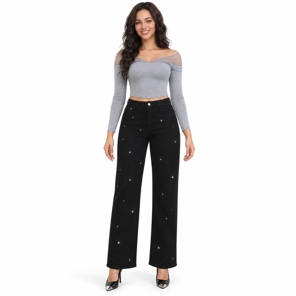 Miss Good Γυναικείο Τζιν Παντελόνι Ψηλόμεσο Wide Leg με Στρας Μαύρο