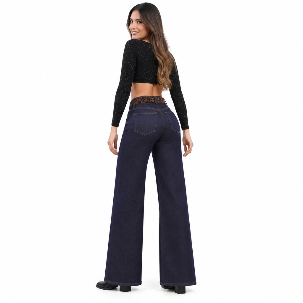 Angel Shopping Γυναικείο Τζιν Παντελόνι Ψηλόμεσο Wide Leg με Ζώνη Σκούρο Μπλε