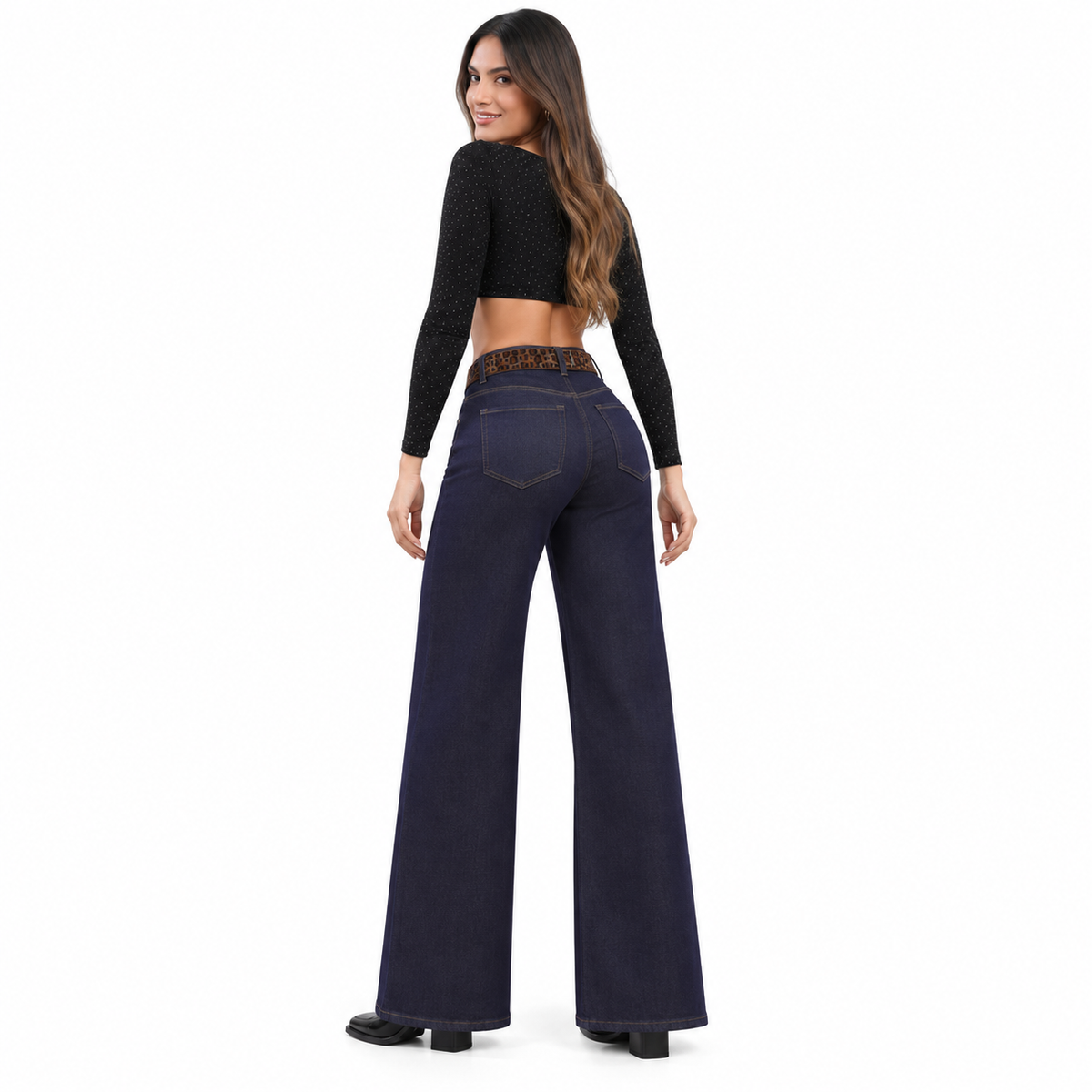 Angel Shopping Γυναικείο Τζιν Παντελόνι Ψηλόμεσο Wide Leg με Ζώνη Σκούρο Μπλε