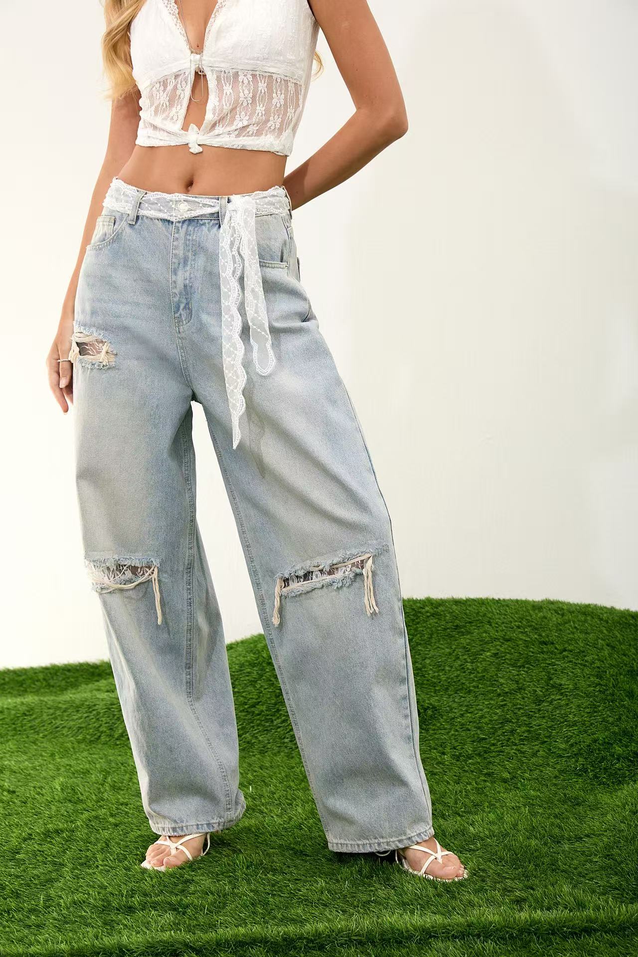 ADORO Γυναικείο Τζιν Παντελόνι Ψηλόμεσο Wide Leg με Φθορές Μπλε