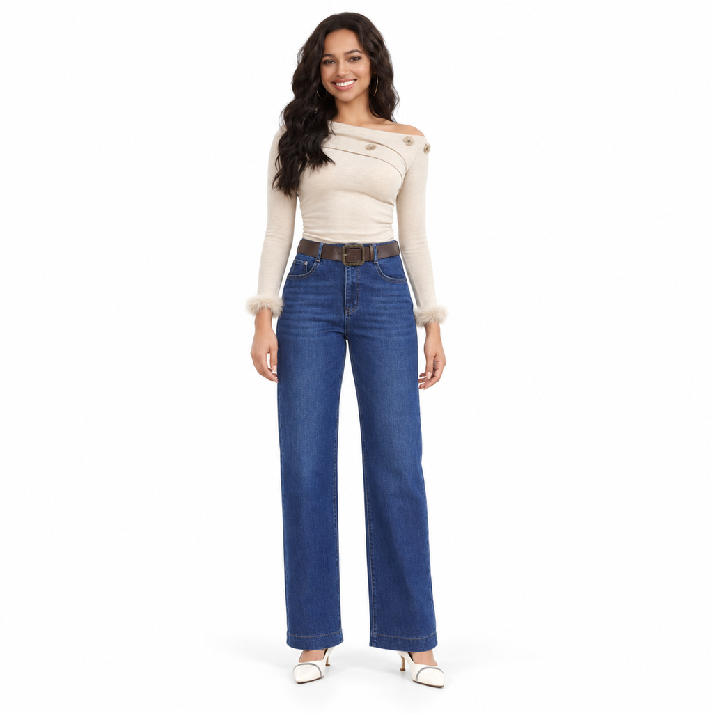 Miss Good Γυναικείο Τζιν Παντελόνι Ψηλόμεσο Wide Leg με Ζώνη Μπλε