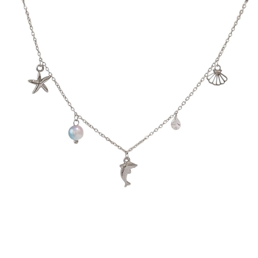 Ατσάλινο Κολιέ με Αστερία, Δελφίνι, Κοχύλι, Πέρλα &amp; Στρασάκι Ασημί