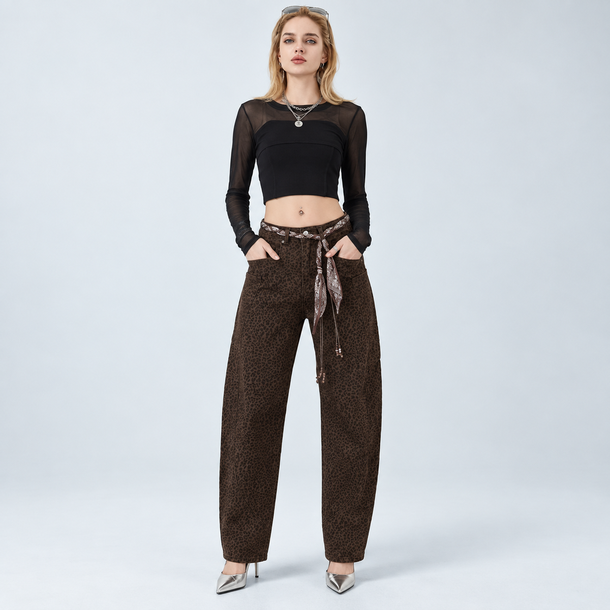 Angel Shopping Γυναικείο Τζιν Παντελόνι Wide Leg με Λεοπάρ Σχέδιο και Ζώνη Καφέ