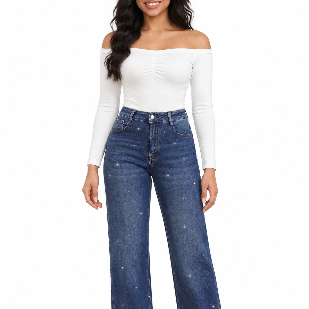 Miss Good Γυναικείο Τζιν Παντελόνι Ψηλόμεσο Wide Leg με Στρας Μπλε