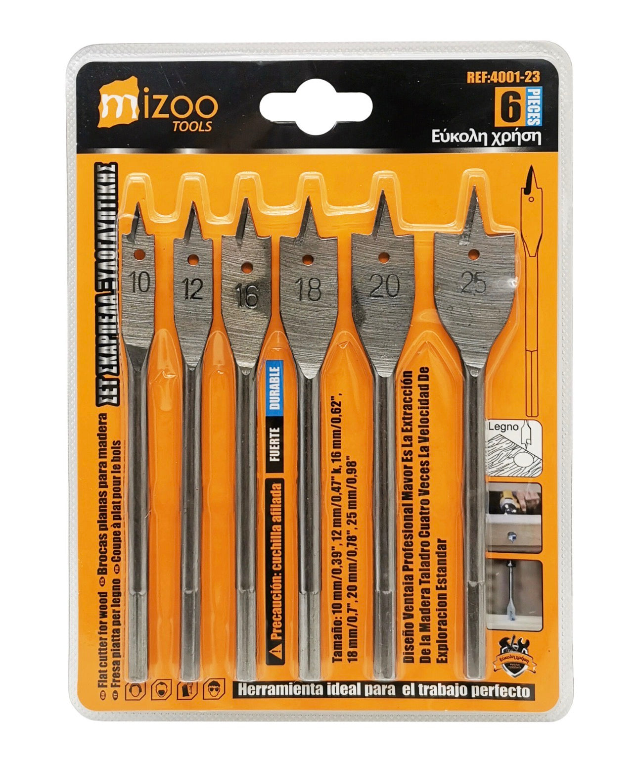Mizoo Σετ Τρυπάνια Φτερού Ξύλου 10–25mm 6τμχ 4001-23 Ασημί