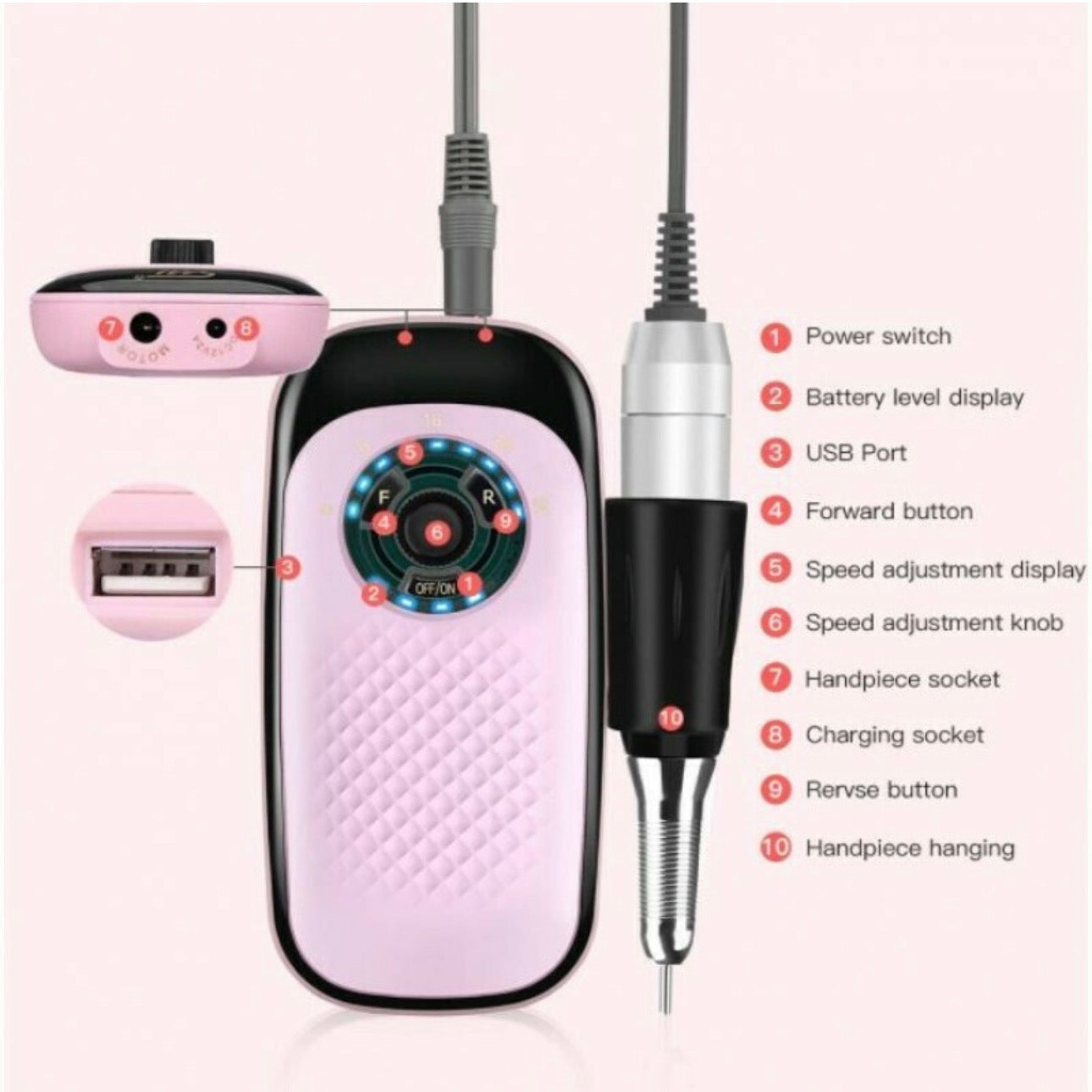 SML M7 Τροχός Νυχιών Μπαταρίας 25W με 35000 Στροφές ανά Λεπτό Ροζ