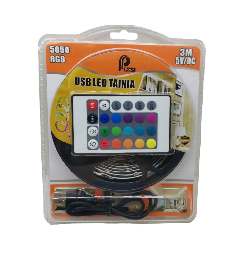 Ταινία LED USB 5V RGB Φως 3m Τύπου SMD5050 με Τροφοδοτικό & Τηλεχειριστήριο Ταινίες LED