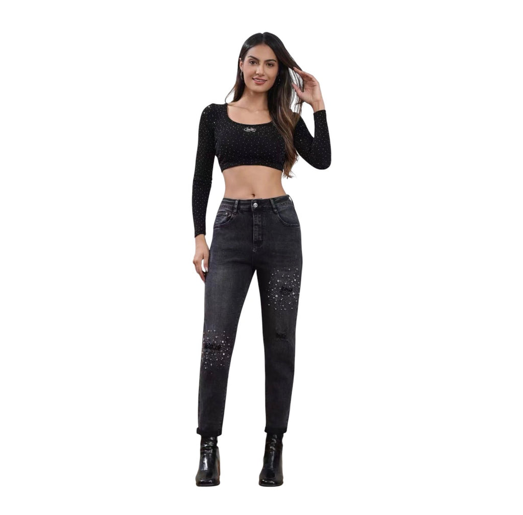 Miss Good Γυναικείο Τζιν Παντελόνι Ψηλόμεσο Mom Fit Push-Up με Στρας Μαύρο