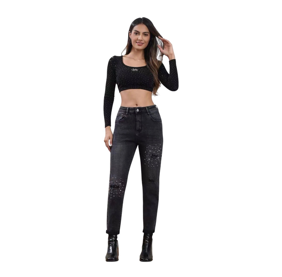 Miss Good Γυναικείο Τζιν Παντελόνι Ψηλόμεσο Mom Fit Push-Up με Στρας Μαύρο