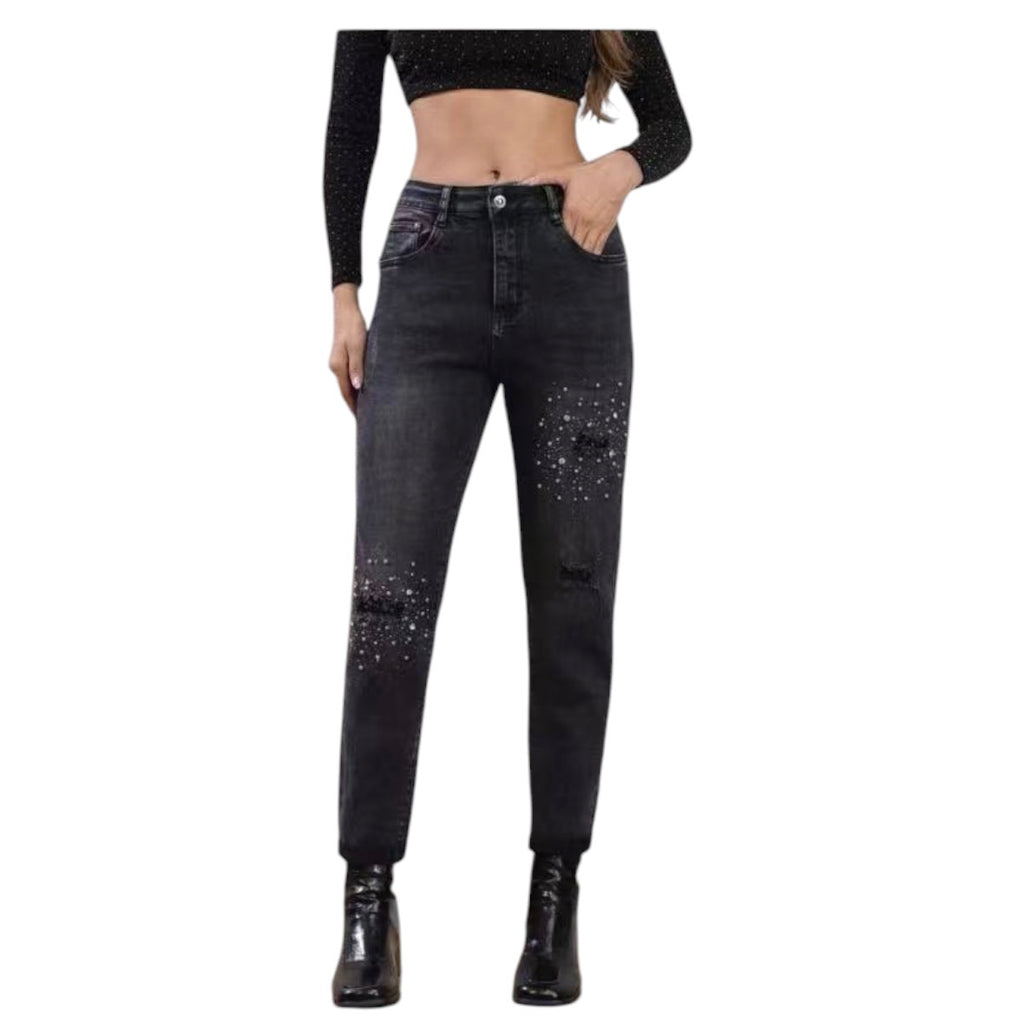 Miss Good Γυναικείο Τζιν Παντελόνι Ψηλόμεσο Mom Fit Push-Up με Στρας Μαύρο