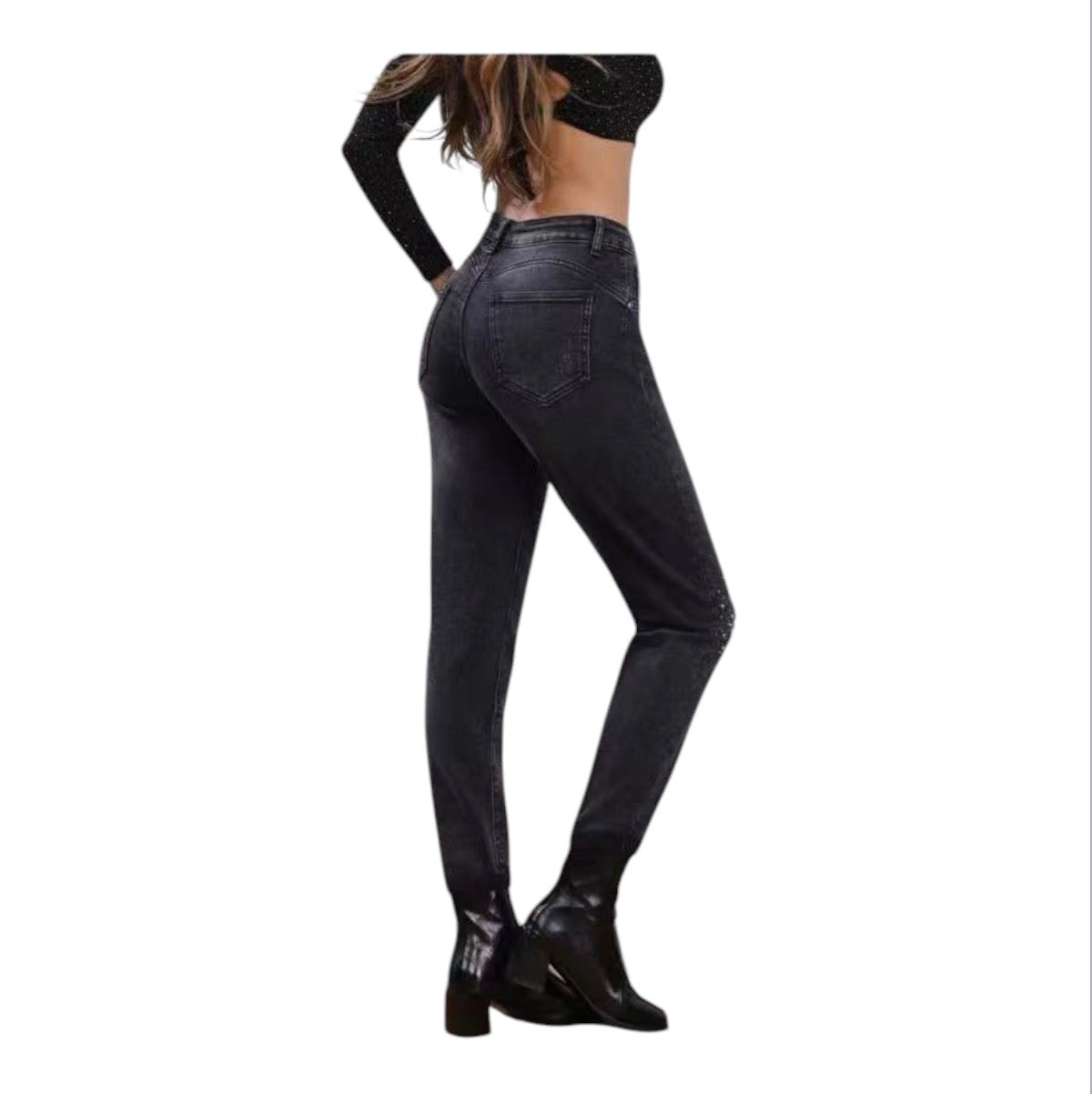 Miss Good Γυναικείο Τζιν Παντελόνι Ψηλόμεσο Mom Fit Push-Up με Στρας Μαύρο
