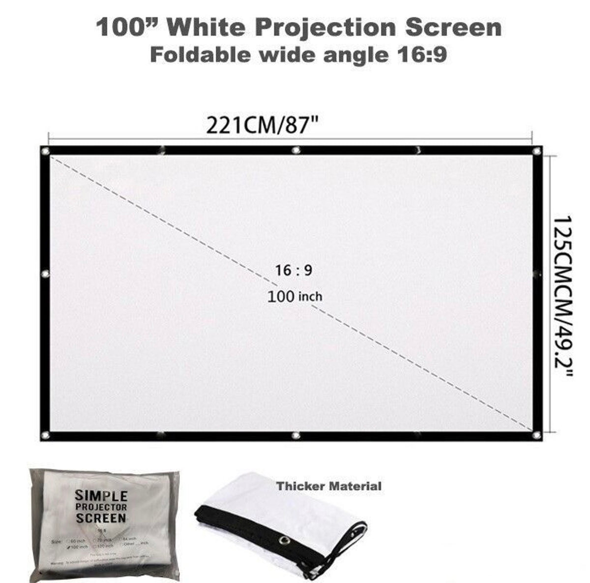 Πανί Προβολής Προτζέκτορα 100 Ιντσών 221cm*125cm Γρήγορης Αναδίπλωσης Υψηλής Πυκνότητας Λευκού 4k Hd 16:9 Λευκό