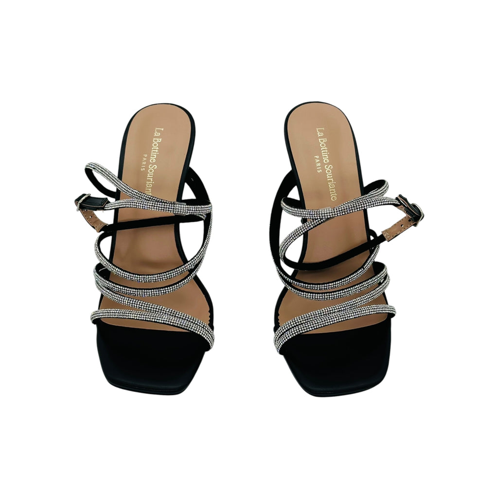 Angel Shopping Γυναικεία Πέδιλα με Λεπτό Τακούνι & Στρας Μαύρο - Angel shopping