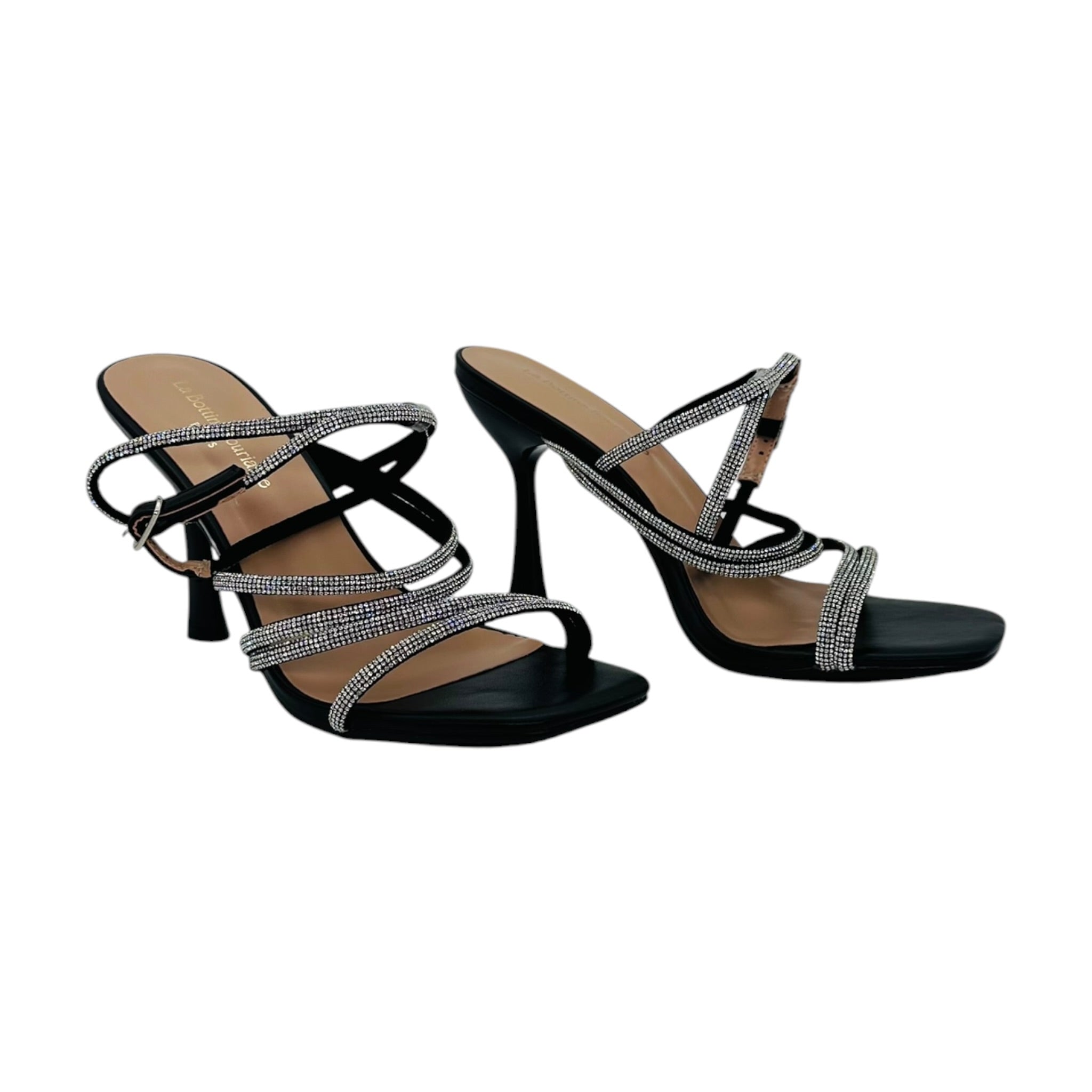 Angel Shopping Γυναικεία Πέδιλα με Λεπτό Τακούνι & Στρας Μαύρο - Angel shopping