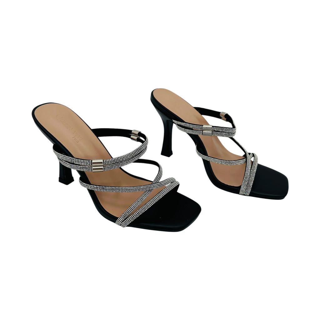 Angel Shopping Γυναικεία Mules με Λεπτά Λουράκια & Στρας Μαύρο - Angel shopping