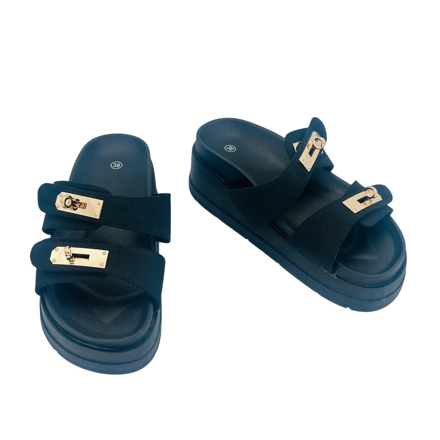 Angel Shopping Women's Sandals with Gold Buckles Black