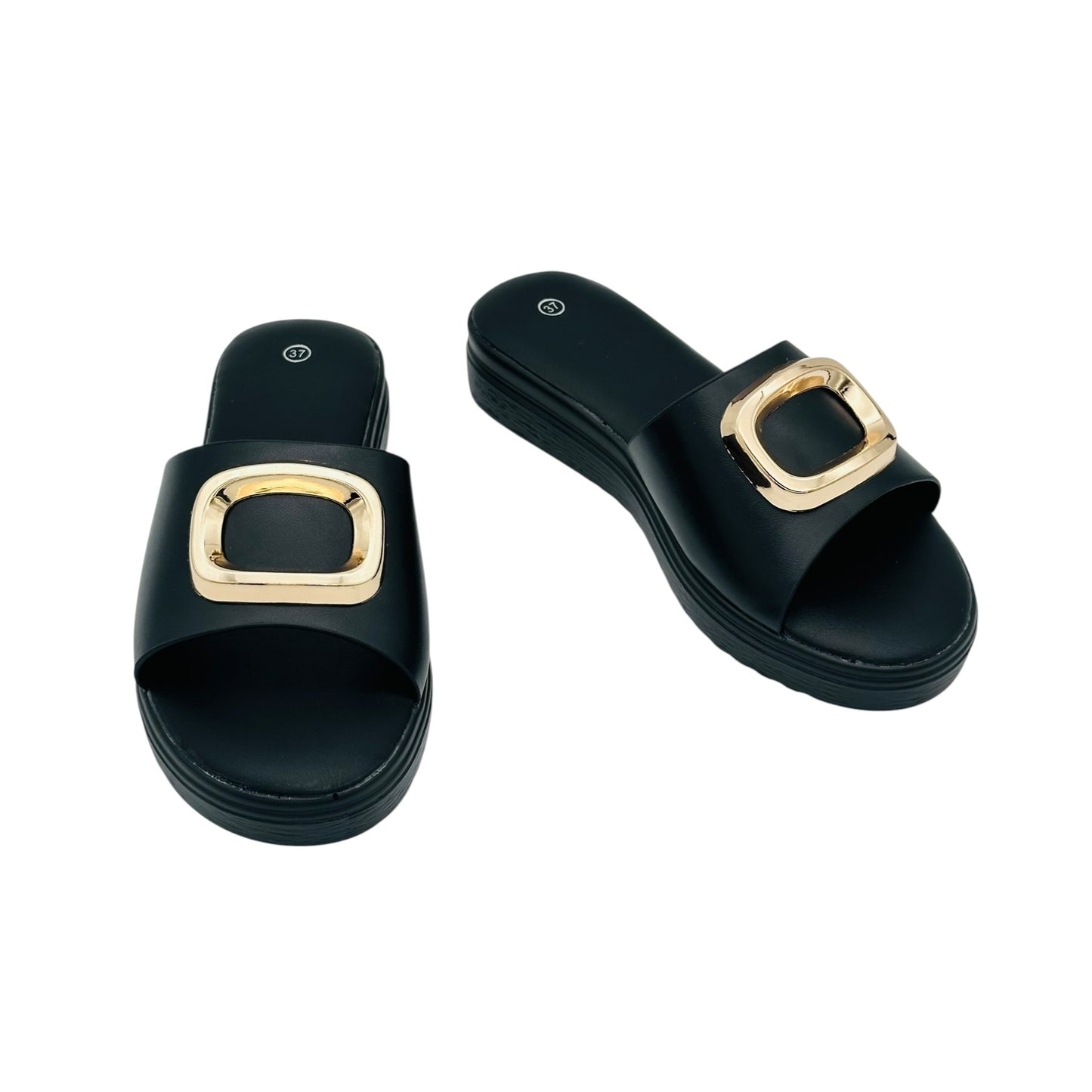 Angel Shopping Women's Sandals with Large Gold Buckle Black