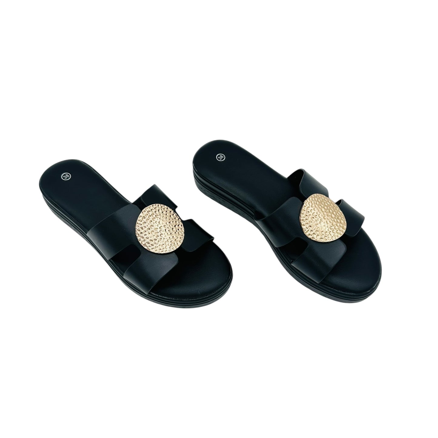 Angel Shopping Γυναικεία Σανδάλια με Χρυσό Ανάγλυφο Στοιχείο Μαύρο