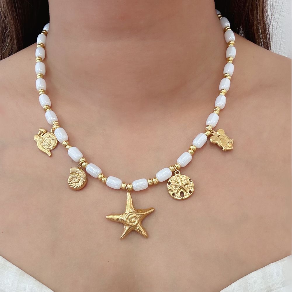 Ατσάλινο Κολιέ με Χάντρες & Χρυσά Θαλασσινά Charms