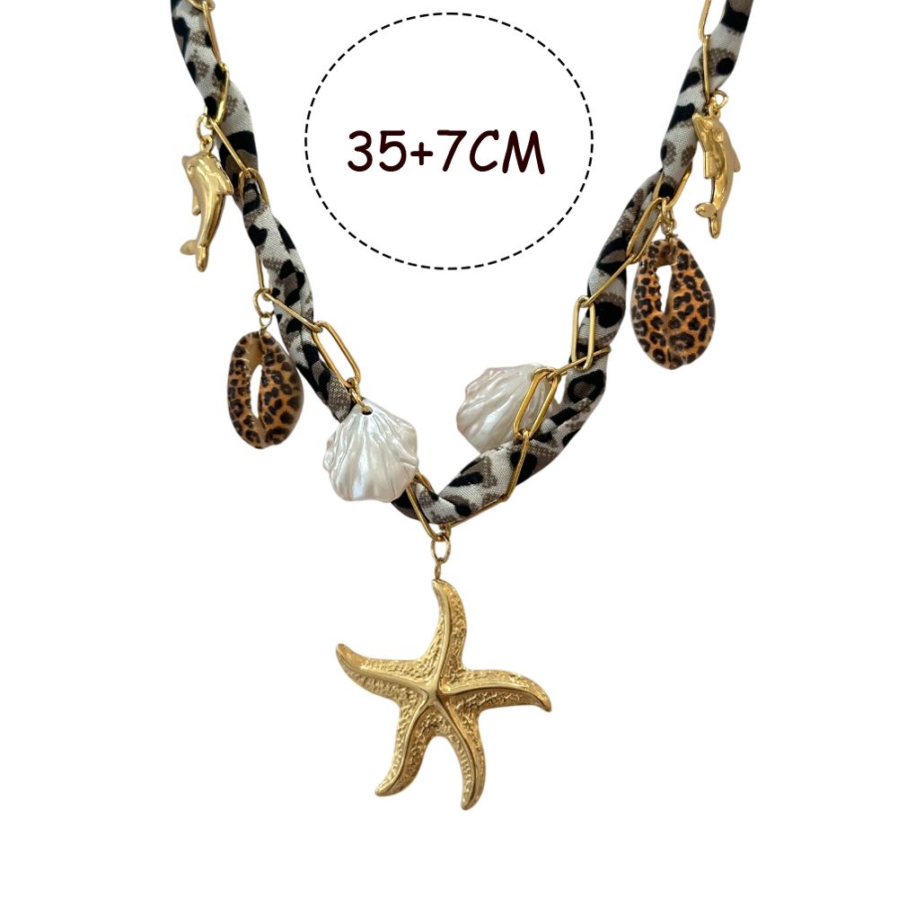 Ατσάλινο Κολιέ με Ύφασμα Leopard & Θαλασσινά Charms