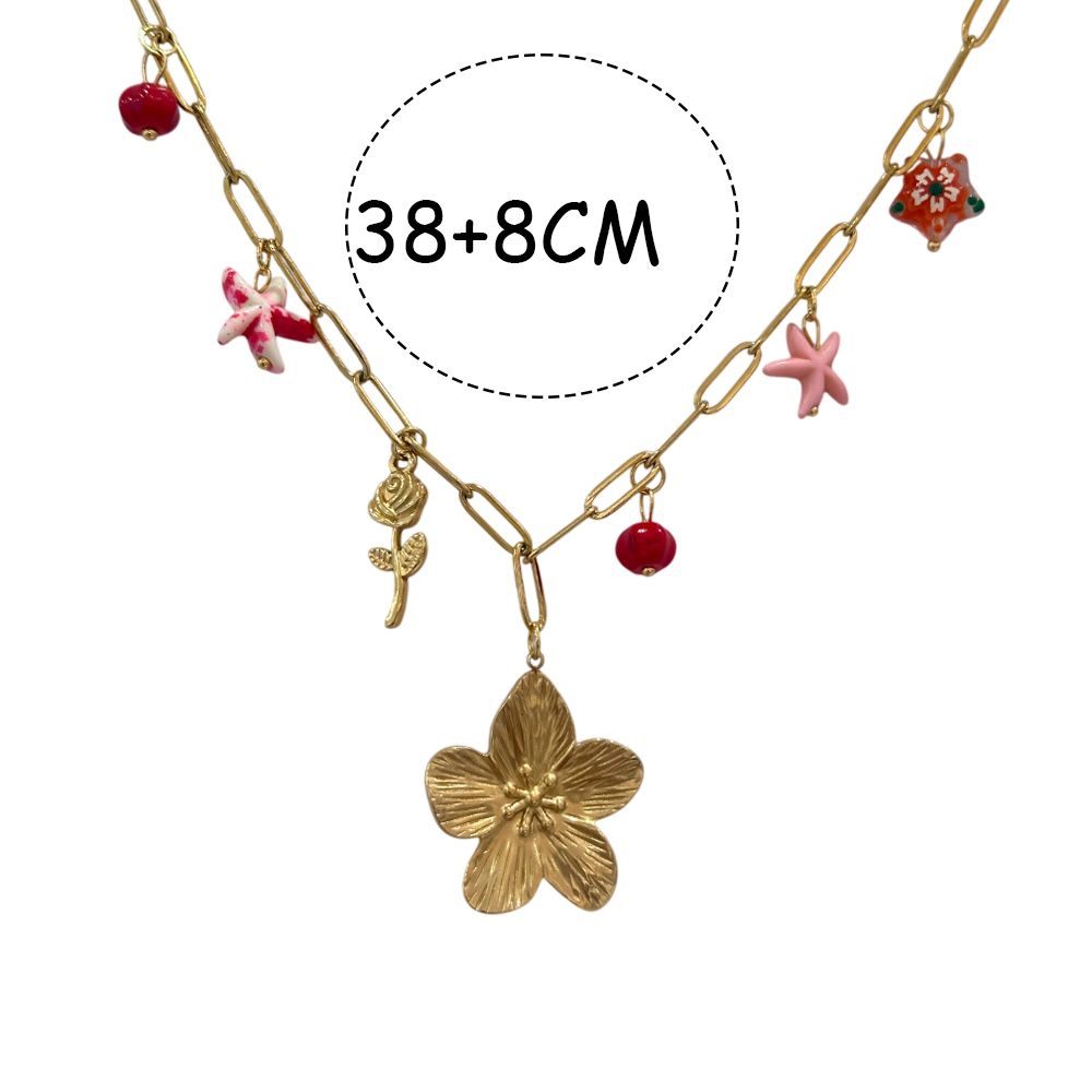 Ατσάλινο Κολιέ με Λουλούδι & Πολύχρωμα Charms