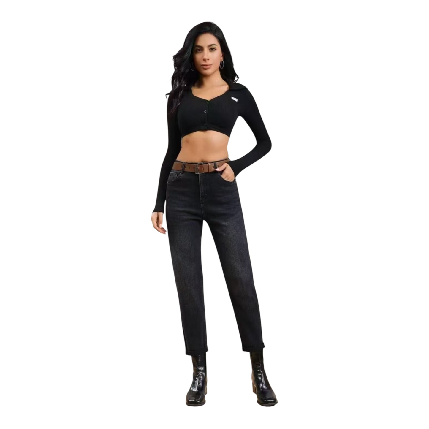 Miss Good High Waist Women's Jean Pants Push Up Mom Fit Black