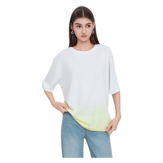 Angel Shopping Γυναικείο Oversized T-shirt  με Degrade Σχέδιο & Στρας Κίτρινο