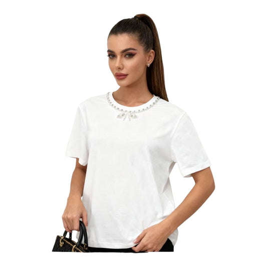 Angel Shopping Γυναικείο T-shirt με Κεντημένο Φιόγκο από Στρας Λευκό