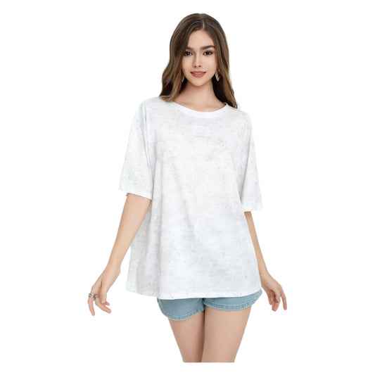 Angel Shopping Γυναικείο Oversized T-shirt με Vintage Πλύσιμο & Στρας Λευκό