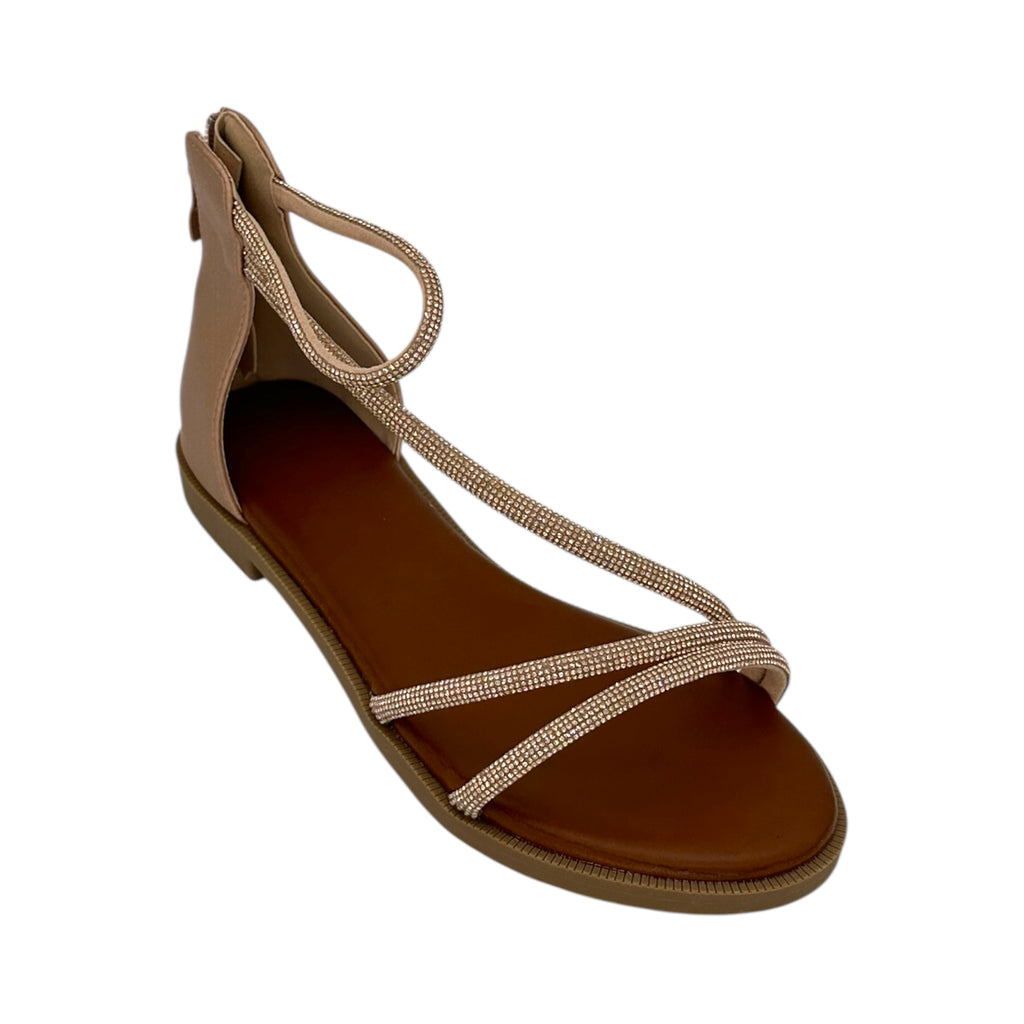 DIAMANTIQUE Γυναικεία Σανδάλια Flat με Στρας Nude - Angel shopping