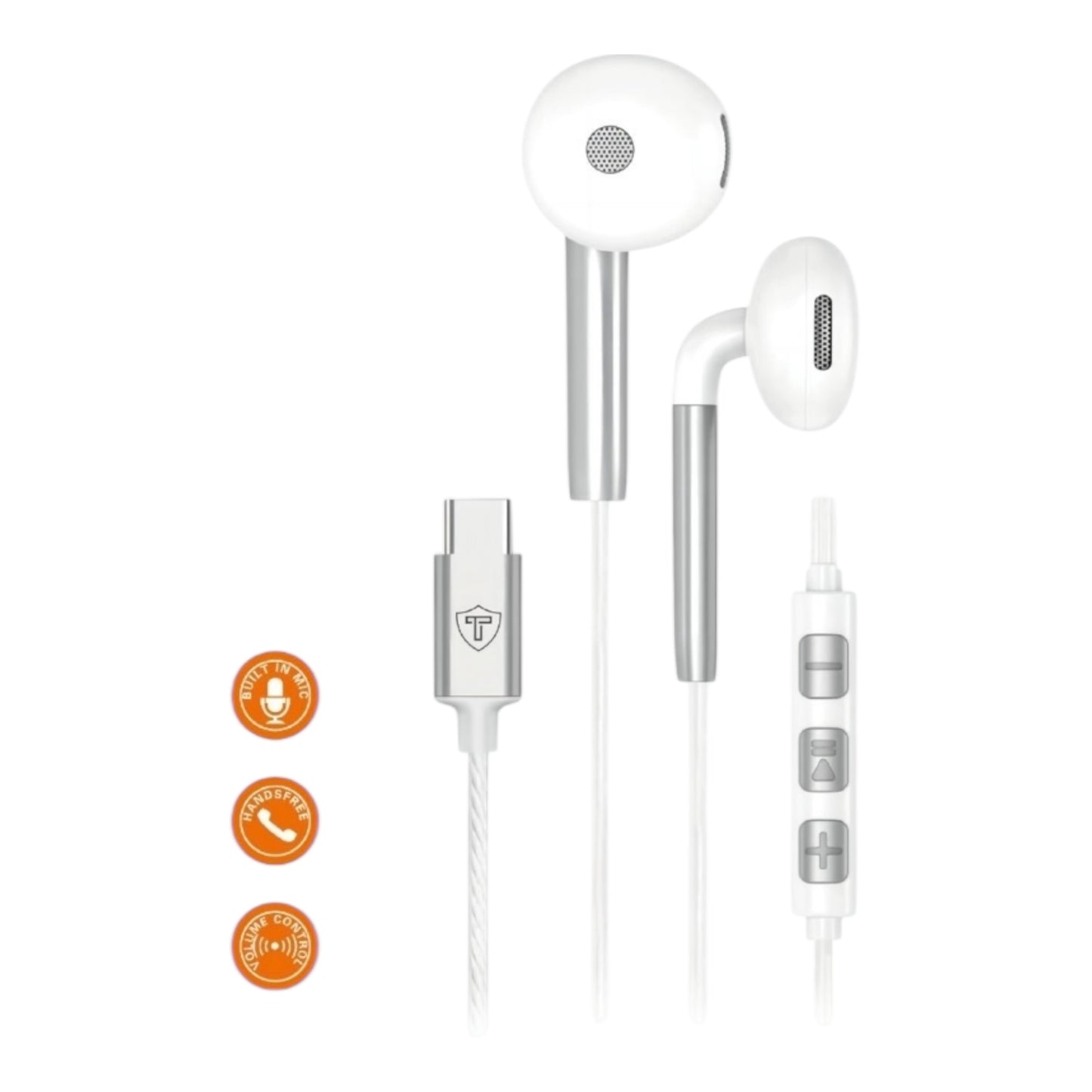 TECHNOVO Wired In-Ear USB-C Stereo Headphones with Microphone &amp; Volume Control White