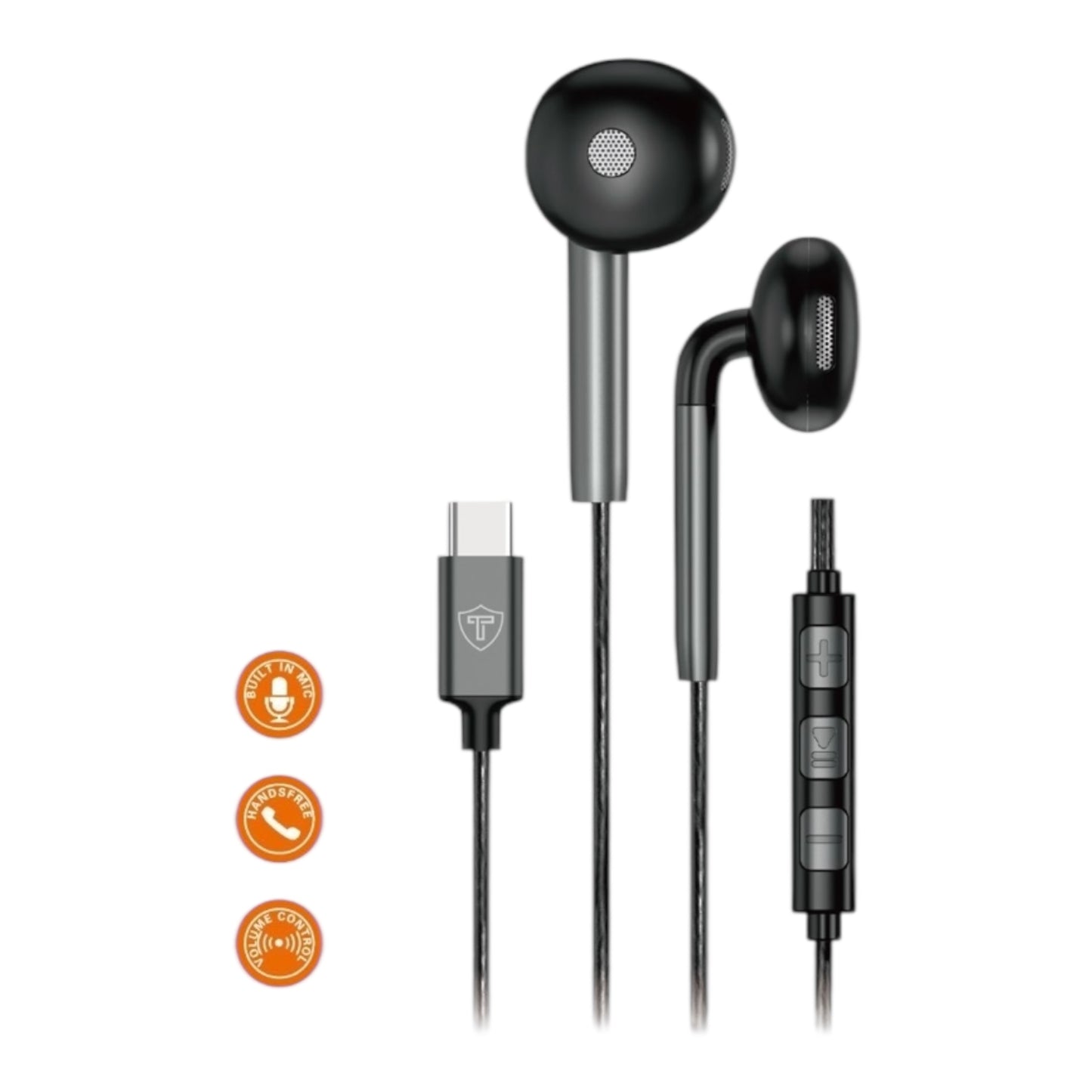 TECHNOVO Wired In-Ear USB-C Stereo Headphones with Microphone &amp; Volume Control Black