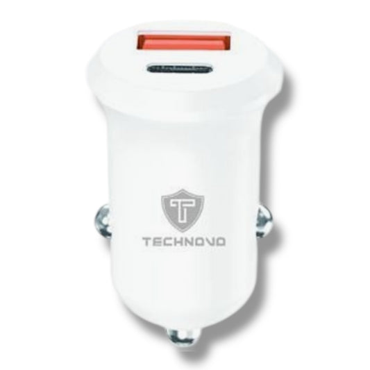 TECHNOVO Car Charger 48W PD 30W &amp; QC 3.0 with USB &amp; Type-C White