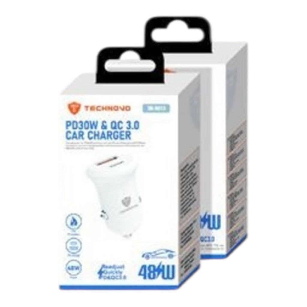 TECHNOVO Φορτιστής Αυτοκινήτου 48W PD 30W & QC 3.0 με USB & Type-C Λευκό - Angel shopping